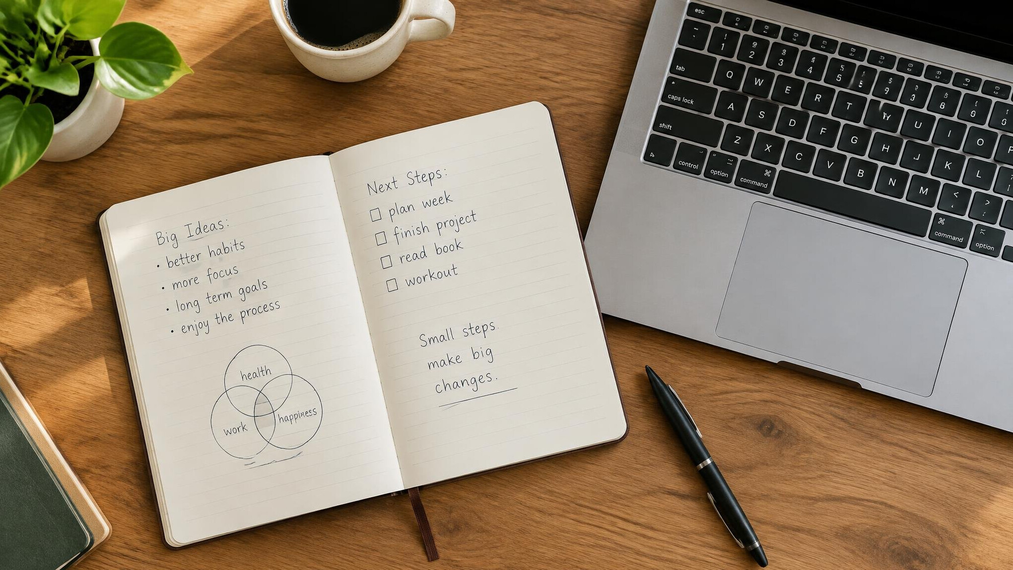 Open notebook with handwritten notes next to a laptop keyboard