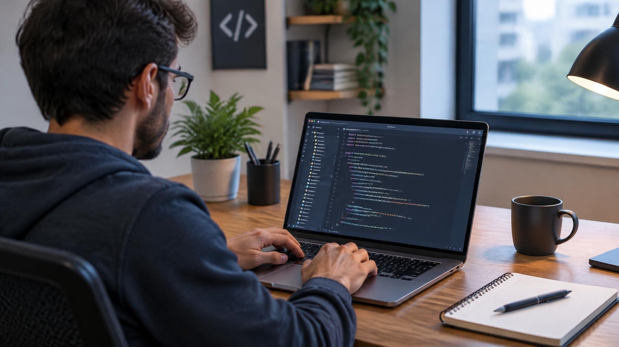 person coding on laptop