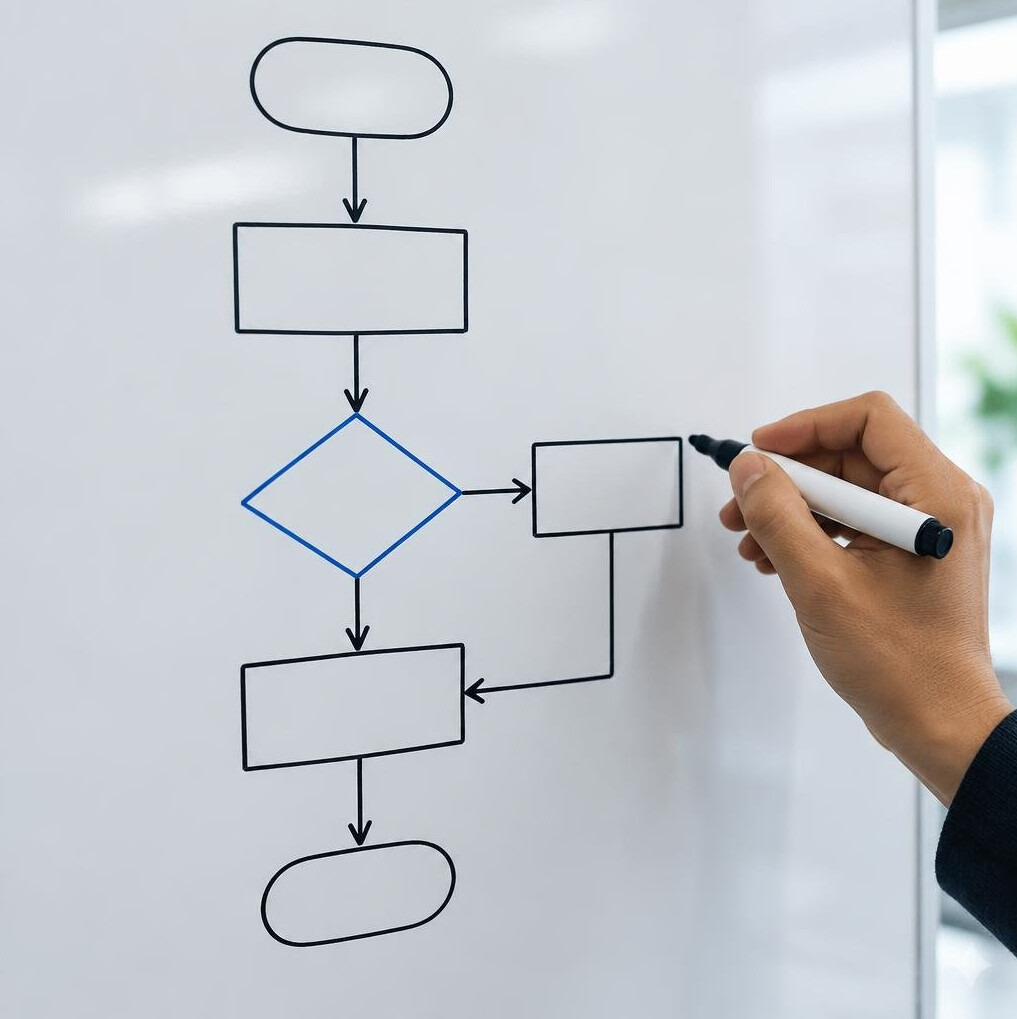 Hand drawing a flowchart diagram on a whiteboard