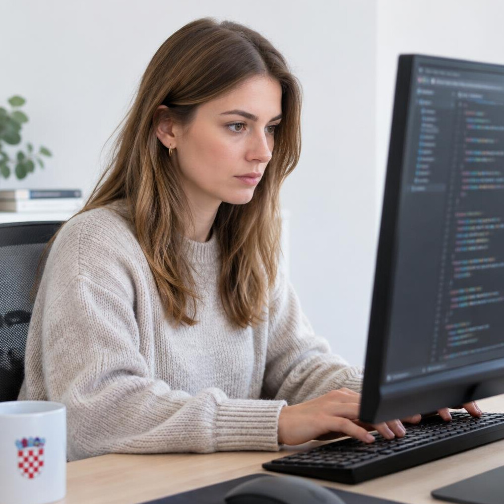 Young Croatian woman writing code at a desktop computer
